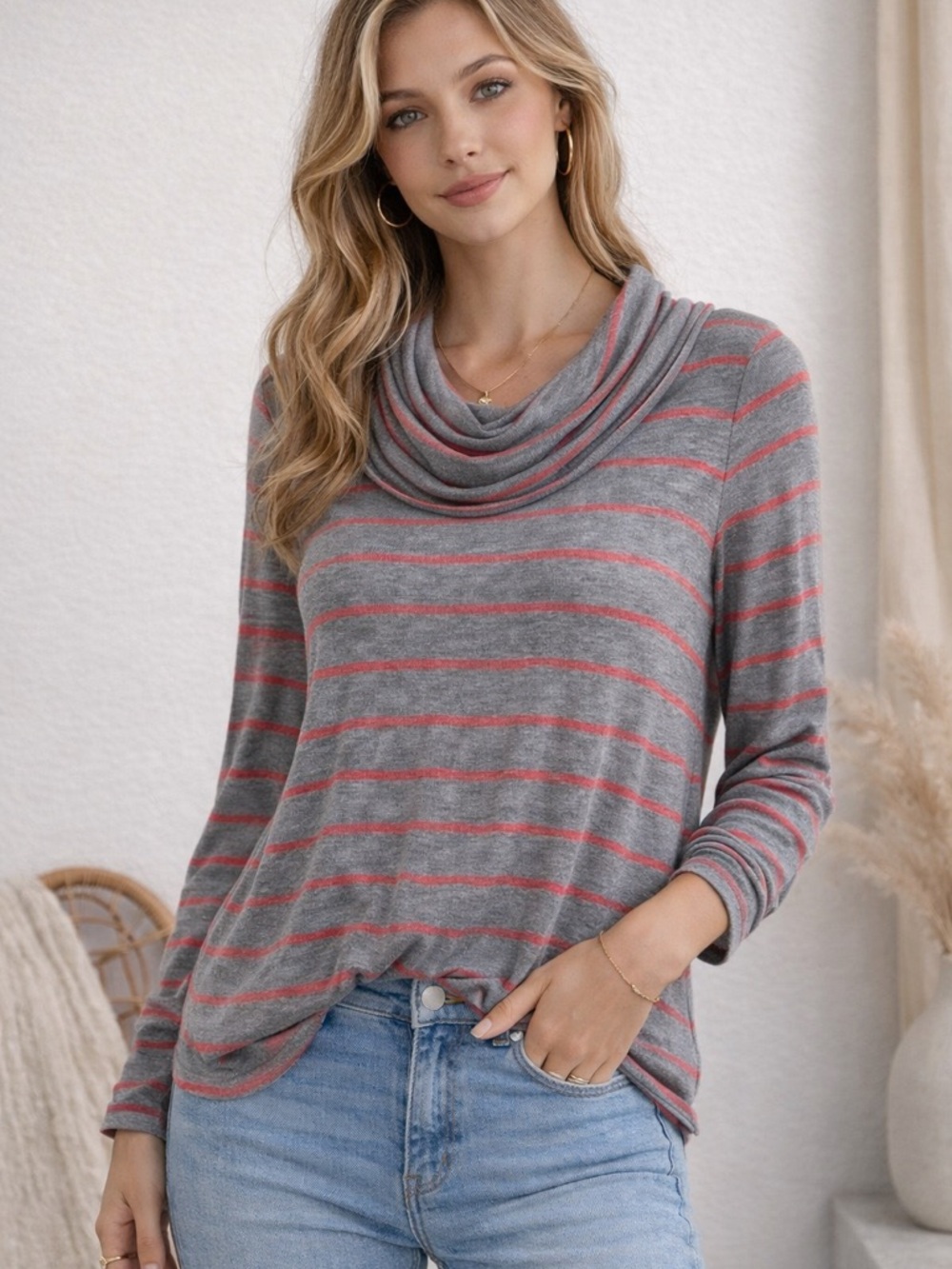 Cowl Neck Striped Sweater - Gray with Coral Stripes